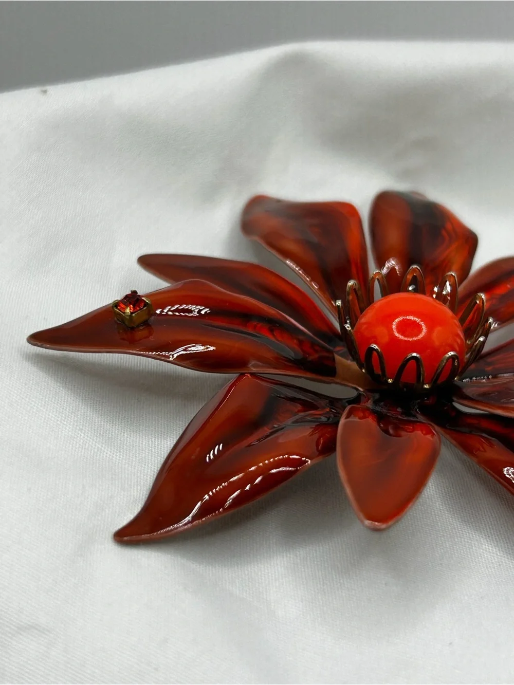 Vintage Flower Brooch Pin Metal Enamel Red Orange Swirl Retro 3.25